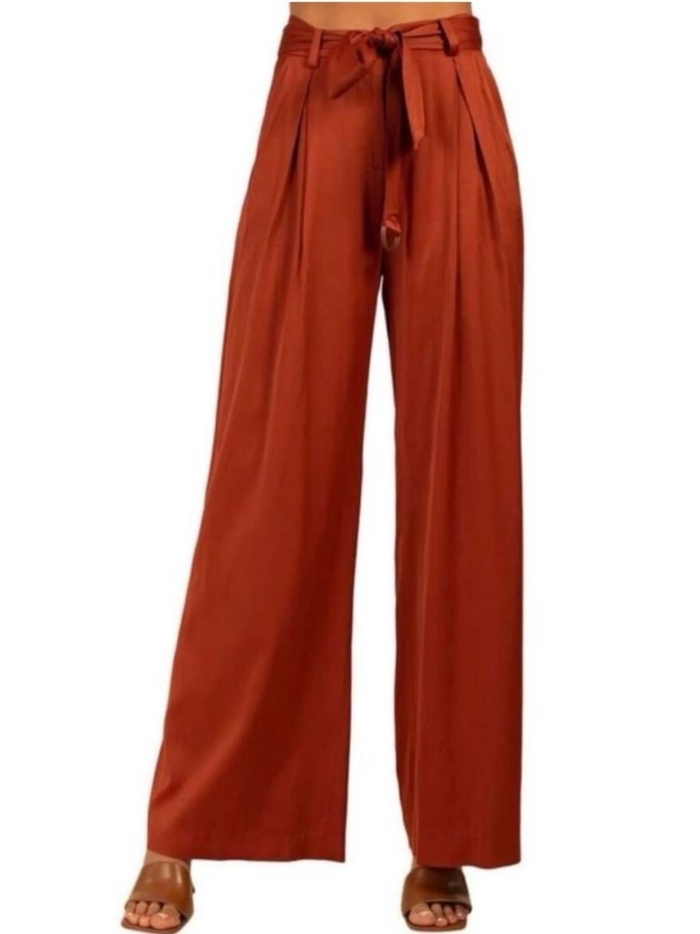 Trina Turk Indira Cinnamon Terracotta Rust Satin Wide-Leg Pants Trousers Size 10